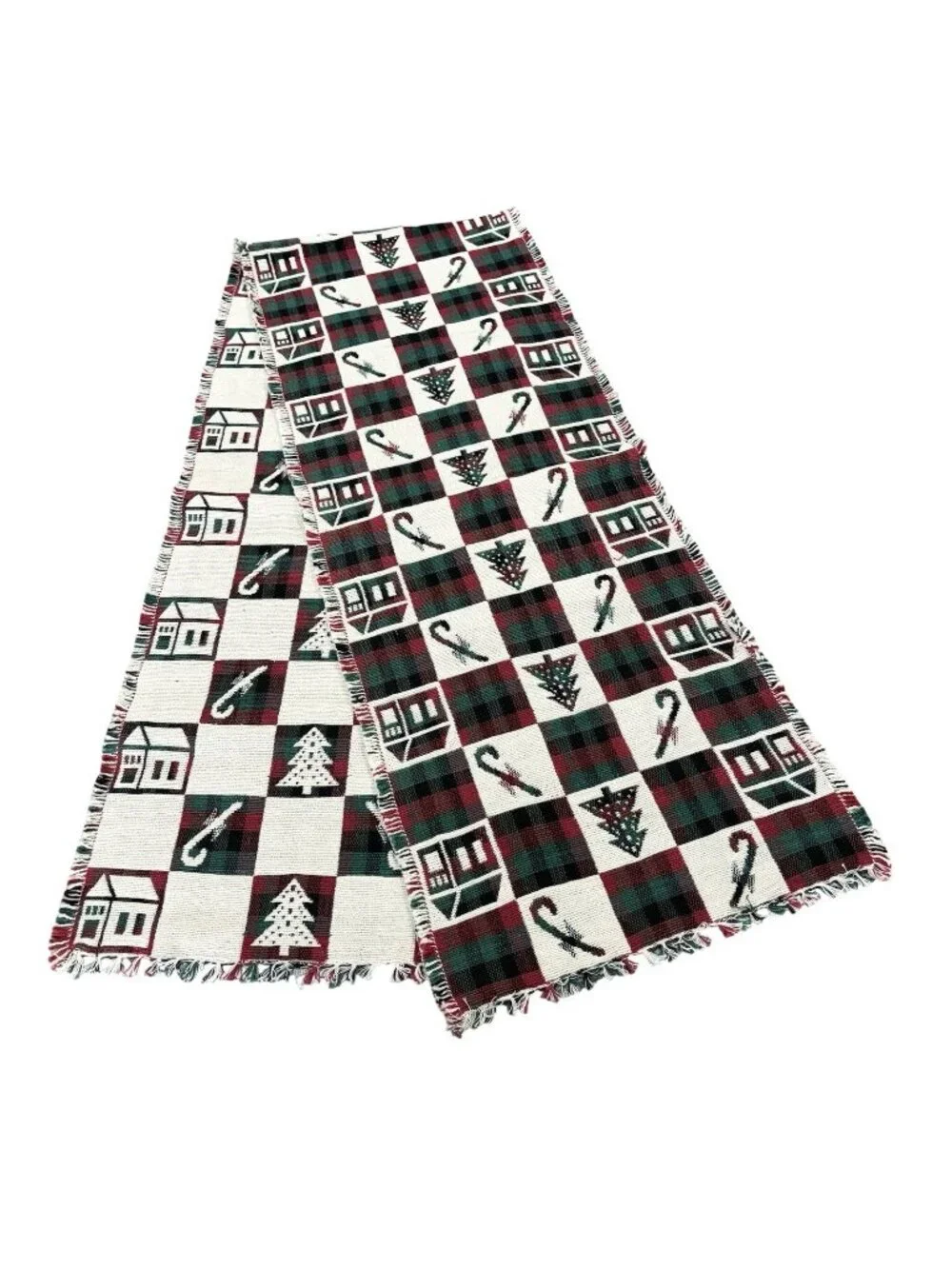 Vintage 90s 72” table runner Christmas woven tapestry check holiday Country